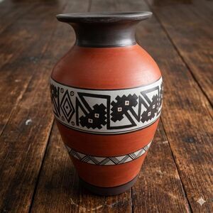 Geometric Black Terracotta Pottery Vase, Signed Peruvian Inca Inspired Decor